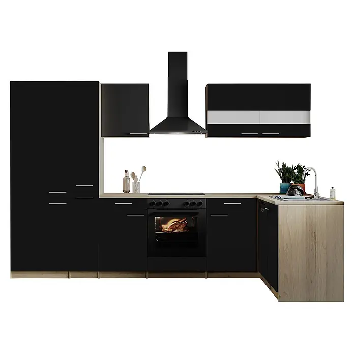 Respekta Winkelküche Merle - B x L: 310 x 172 cm, Schwarz, Mit Elektrogeräten - L-förmige Küche mit schwarzen Schränken und heller Holzplatte, inkl. Backofen, Kochfeld, Dunstabzugshaube und Spüle.
