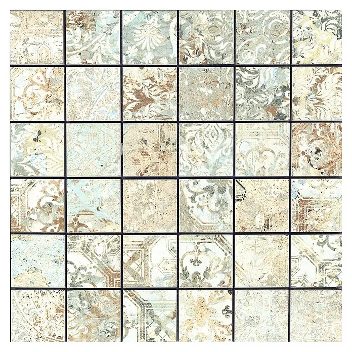 Mosaikfliese Carpet Natural - 29,75 x 29,75 cm, Sand, Matt - Abgenutzte Mosaikfliesen mit kunstvollen Mustern in erdigen und gedeckten Blautönen.