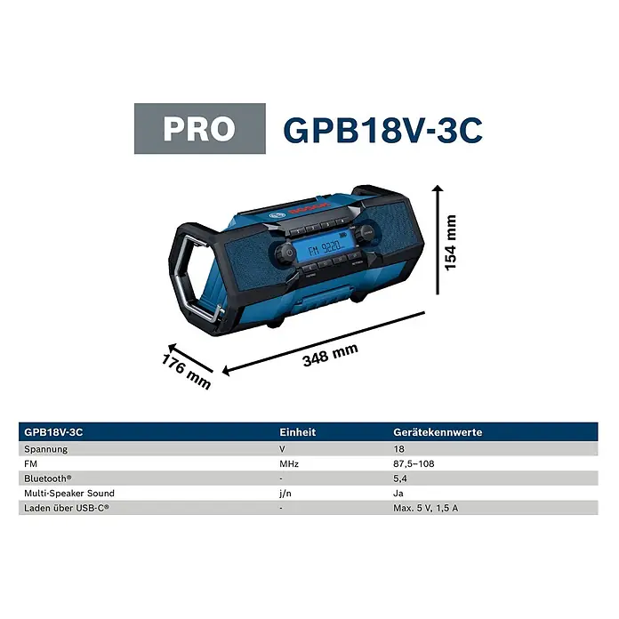 Bosch Professional AMPShare 18V Akku-Radio GPB 18V- 3 C SOLO K - 18 V, Ohne Akku - Blaues und schwarzes Bosch GPB18V-3C Baustellenradio.