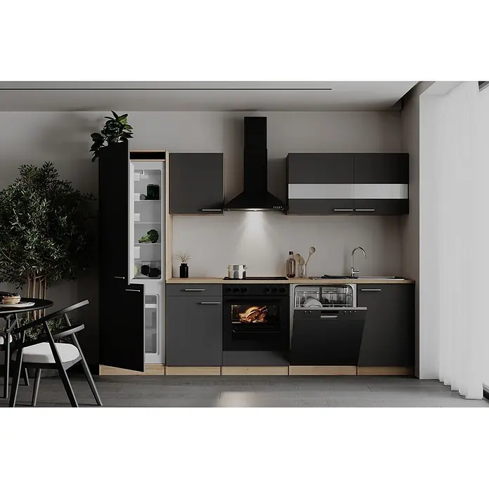 Respekta Küchenzeile Merle - Breite: 280 cm, Grau, Mit Elektrogeräten - Moderne Küche mit dunkelgrauen und schwarzen Schränken, Holzdetails und integrierten Geräten wie Kühlschrank, Backofen und Geschirrspüler.