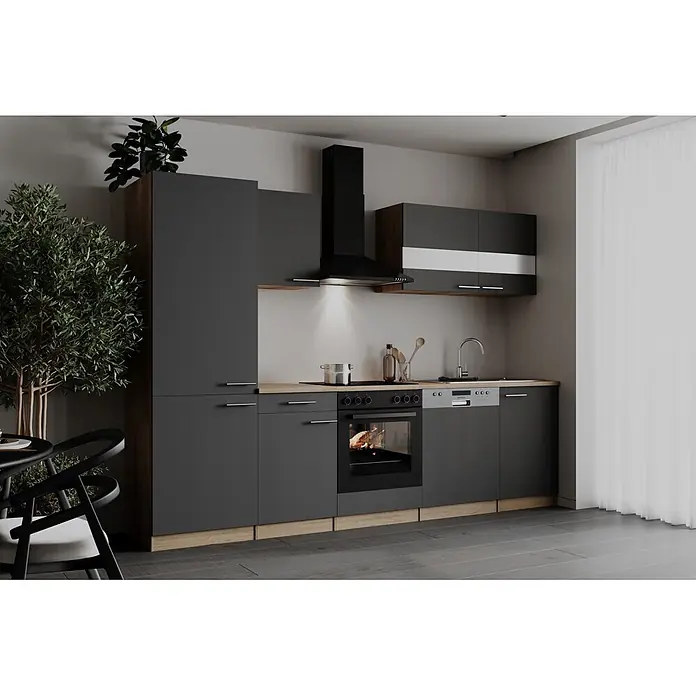 Respekta Küchenzeile Merle - Breite: 280 cm, Grau, Mit Elektrogeräten - Moderne dunkelgraue Küchenzeile mit Arbeitsplatte in Holzoptik, integriertem Ofen, Kochfeld, Spüle und Geschirrspüler.