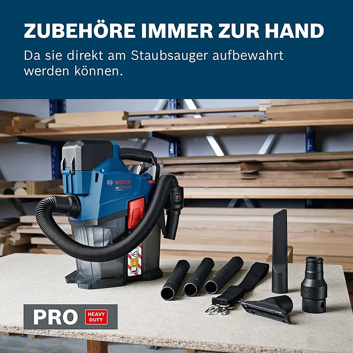 Bosch Professional AMPShare 18V Akku-Staubsauger GAS 18V-6 LS - 18 V, Behältervolumen: 4,5 l - Blauer und schwarzer Bosch Akku-Staubsauger mit Zubehör auf einem Tisch.