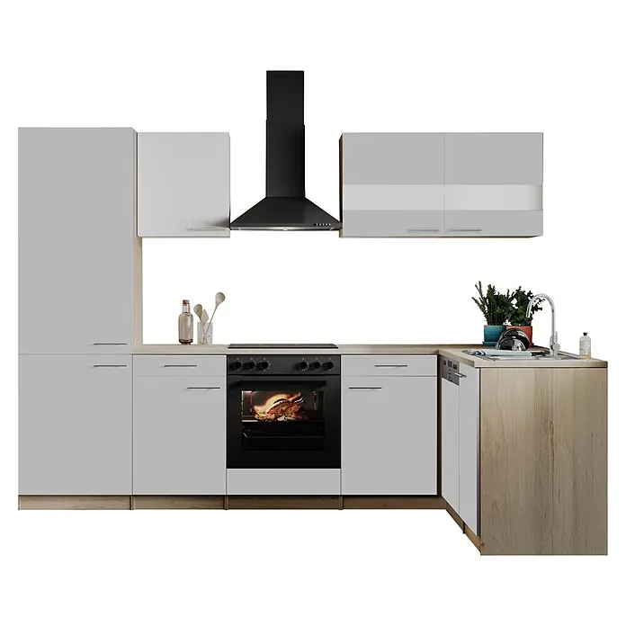 Respekta Winkelküche Merle - B x L: 280 x 172 cm, Weiß, Mit Elektrogeräten - Moderne Eckküche mit weißen Schränken, heller Holztheke, schwarzem Ofen, Kochfeld und Spüle.