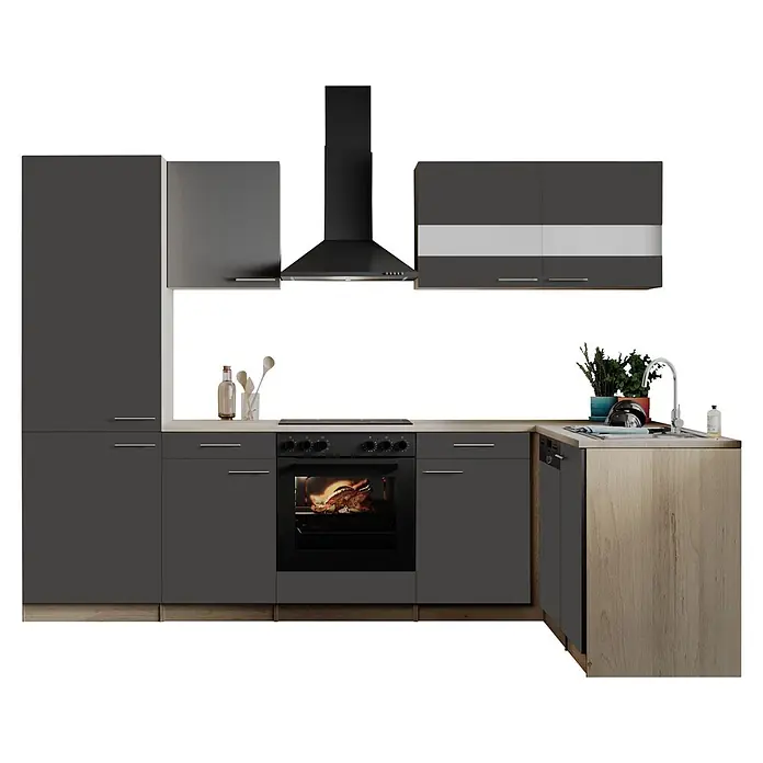 Respekta Winkelküche Merle - B x L: 280 x 172 cm, Grau, Mit Elektrogeräten - Dunkelgraue moderne Küche mit heller Holz-Arbeitsplatte und Sockelleisten, inklusive Ofen, Kochfeld, Spüle und Dunstabzugshaube.