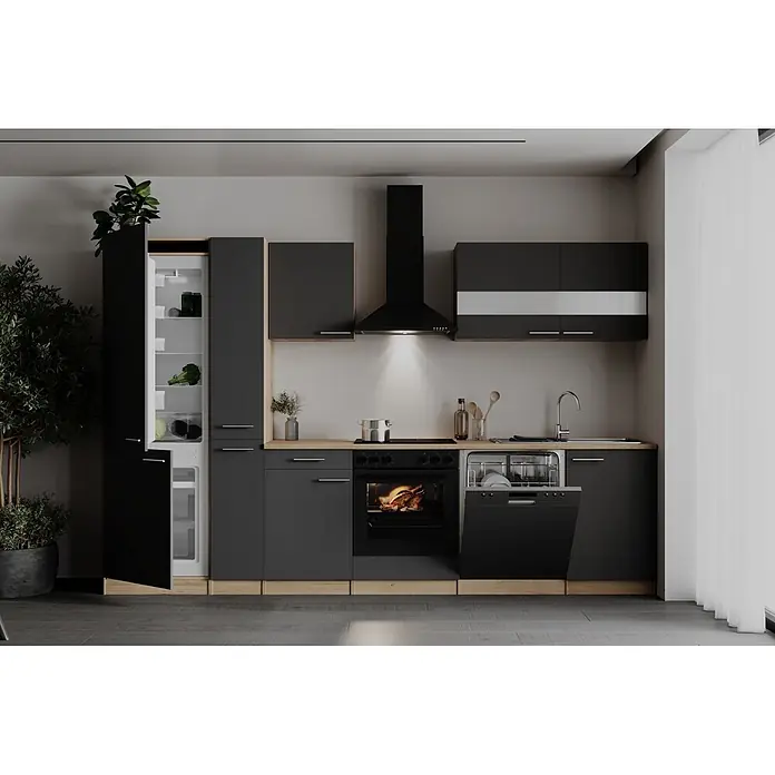 Respekta Küchenzeile Merle - Breite: 310 cm, Grau, Mit Elektrogeräten - Moderne dunkelgraue Küche mit Holzakzenten, integrierten schwarzen Geräten (Kühlschrank, Ofen, Geschirrspüler) und modernem Design.