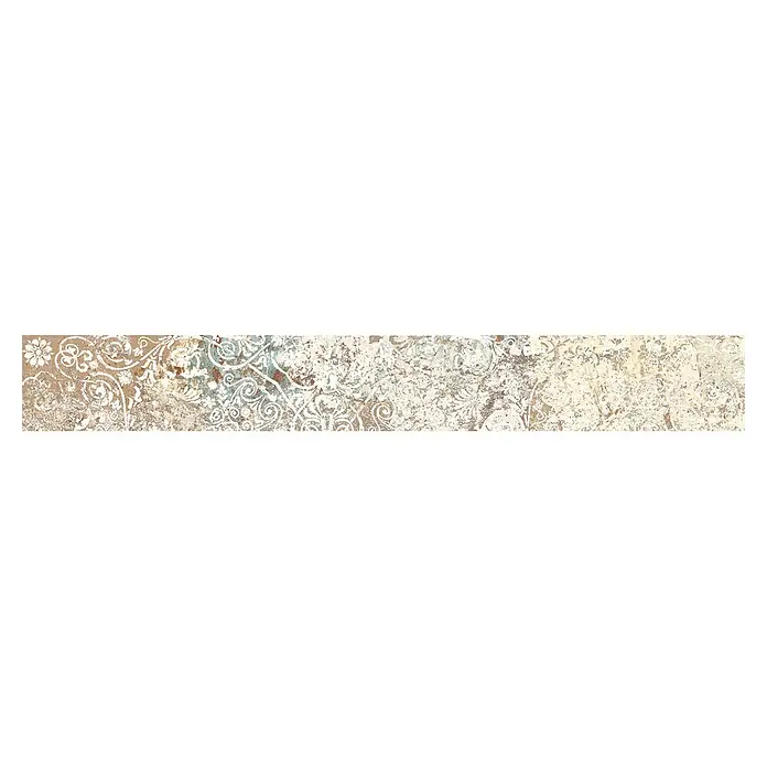 Sockelfliese Carpet Natural - 8 x 59,2 cm, Sand, Matt - Dekoratives Paneel mit abgenutzten Vintage-Blumen- und Schnörkelmustern in Beige, Braun, Creme und Türkis.