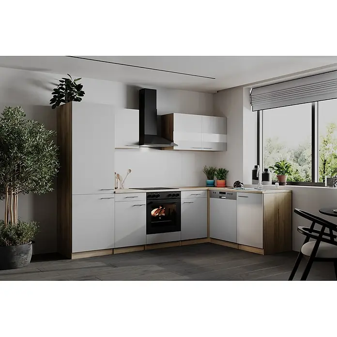 Respekta Winkelküche Merle - B x L: 280 x 172 cm, Weiß, Mit Elektrogeräten - Moderne L-förmige Küche mit hellgrauen Schränken, Holzdetails und integriertem Backofen und Geschirrspüler.