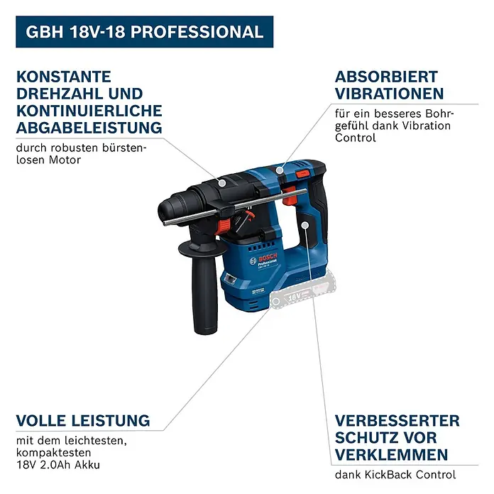 Bosch Professional AMPShare 18V Akku-Bohrhammer GBH 18V-18 - 18 V, Ohne Akku, 1,5 J - Blauer und schwarzer Bosch GBH 18V-18 Professional Akku-Bohrhammer mit 18V Akku.