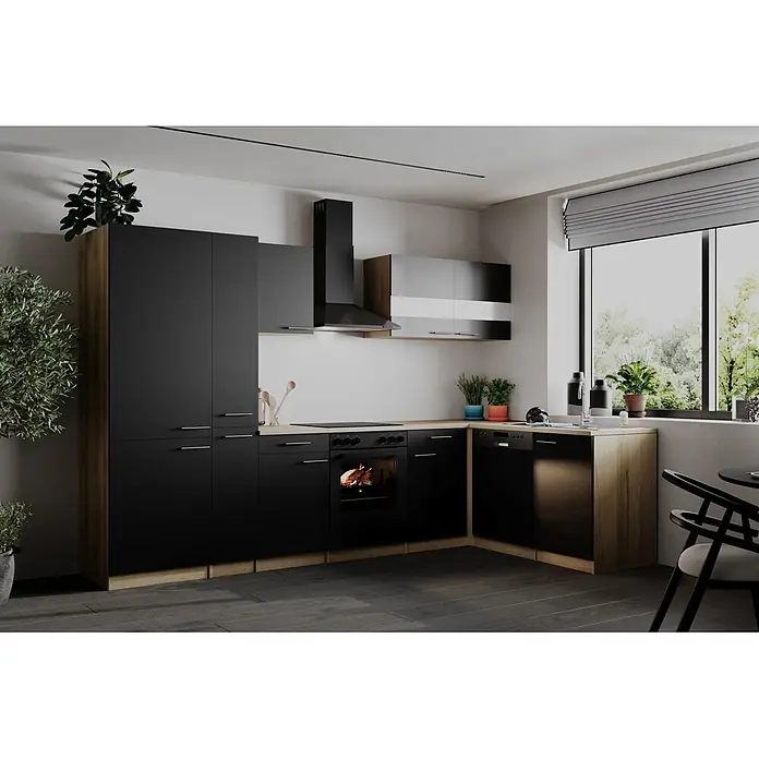 Respekta Winkelküche Merle - B x L: 310 x 172 cm, Schwarz, Mit Elektrogeräten - Moderne L-Küche mit mattschwarzen und holzakzentuierten Schränken, heller Holzarbeitsplatte und integrierten Geräten wie Backofen, Kochfeld, Spüle und Geschirrspüler.