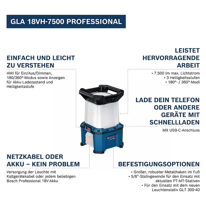 Bosch Professional AMPShare 18V Akku-Bauleuchte - 18 V, Anzahl Akkus: Ohne Akku, 7.500 lm - Eine blaue und schwarze Bosch Professional 18V Arbeitsleuchte mit Griff, robust gebaut.