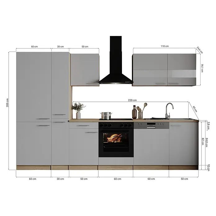 Respekta Küchenzeile Merle - Breite: 310 cm, Grau, Mit Elektrogeräten - Komplette graue Küche mit heller Holz-Arbeitsplatte, Backofen, Kochfeld, Geschirrspüler, Spüle und Schränken. Maße sind angegeben.