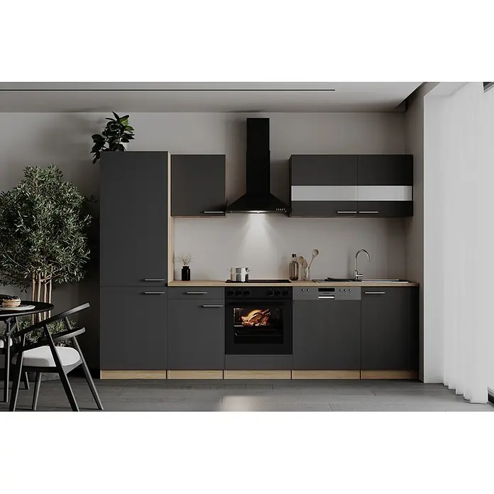 Respekta Küchenzeile Merle - Breite: 280 cm, Grau, Mit Elektrogeräten - Moderne dunkelgraue Küche mit Holzakzenten, integriertem Backofen, Kochfeld, Spüle und Geschirrspüler. Ein Hähnchen brät im Ofen.
