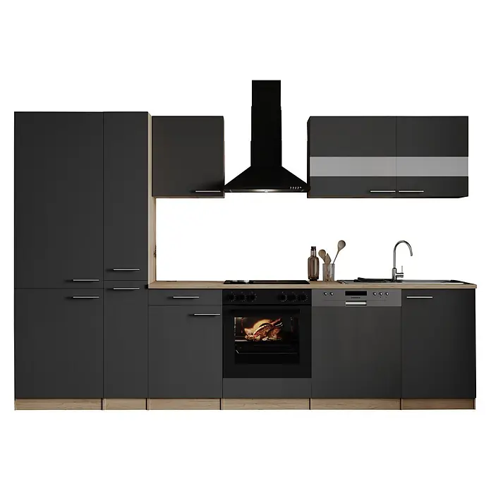 Respekta Küchenzeile Merle - Breite: 310 cm, Grau, Mit Elektrogeräten - Moderne dunkelgraue Küchenzeile mit heller Holz-Arbeitsplatte, integriertem Backofen, Kochfeld, Spüle, Geschirrspüler und schwarzer Dunstabzugshaube.