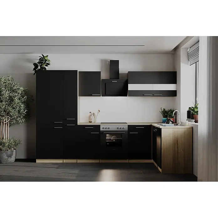 Respekta Winkelküche Merle - B x L: 310 x 172 cm, Schwarz, Mit Elektrogeräten - Moderne schwarze Küche mit Holztheken, integrierten Geräten und dekorativen Pflanzen.