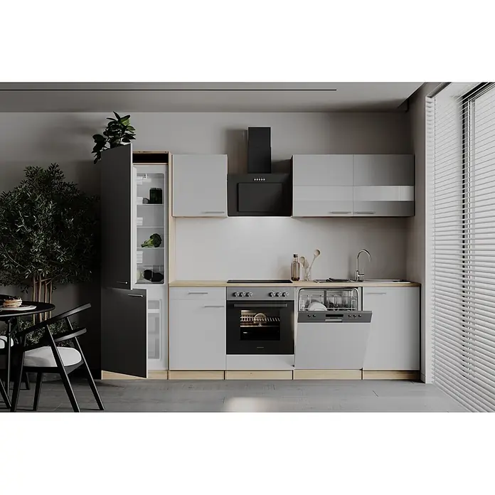 Respekta Küchenzeile Merle - Breite: 280 cm, Weiß, Mit Elektrogeräten - Moderne Küche mit hellgrauen Schränken, schwarzem Backofen, Kochfeld und Dunstabzugshaube, sowie offenem Geschirrspüler und Kühlschrank.