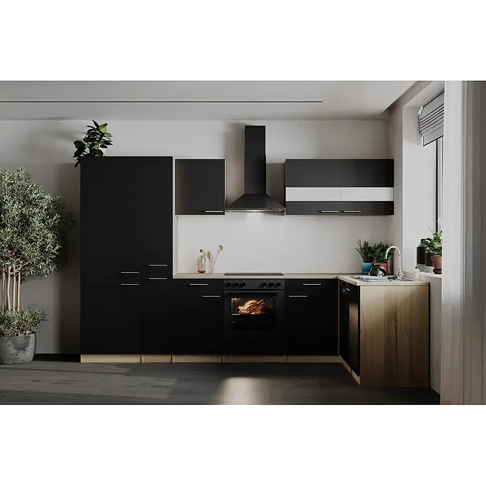 Respekta Winkelküche Merle - B x L: 310 x 172 cm, Schwarz, Mit Elektrogeräten - Moderne Küche mit schwarzen Schränken, hellen Holz-Arbeitsplatten und integriertem Backofen und Spüle.