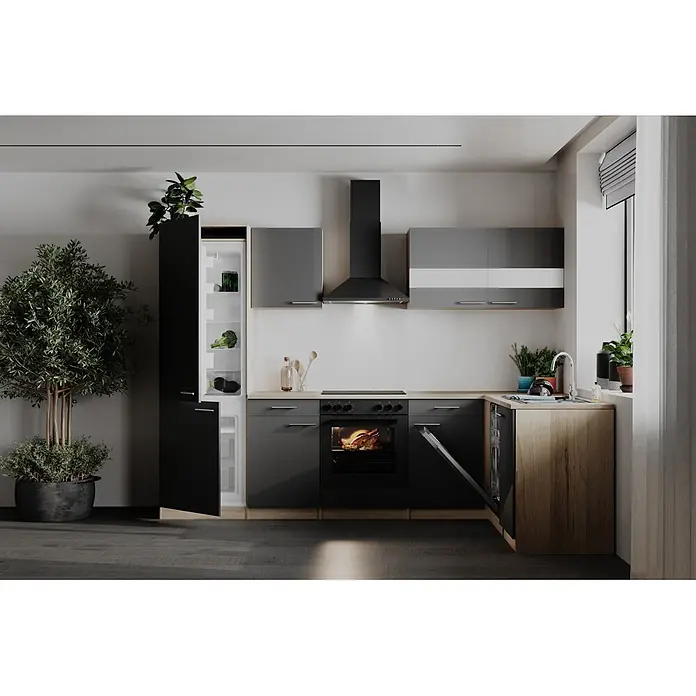 Respekta Winkelküche Merle - B x L: 280 x 172 cm, Grau, Mit Elektrogeräten - Moderne Küche mit dunkelgrauen und schwarzen Schränken, hellen Holz-Arbeitsplatten und integrierten Geräten, inkl. Backofen und offenem Kühlschrank.