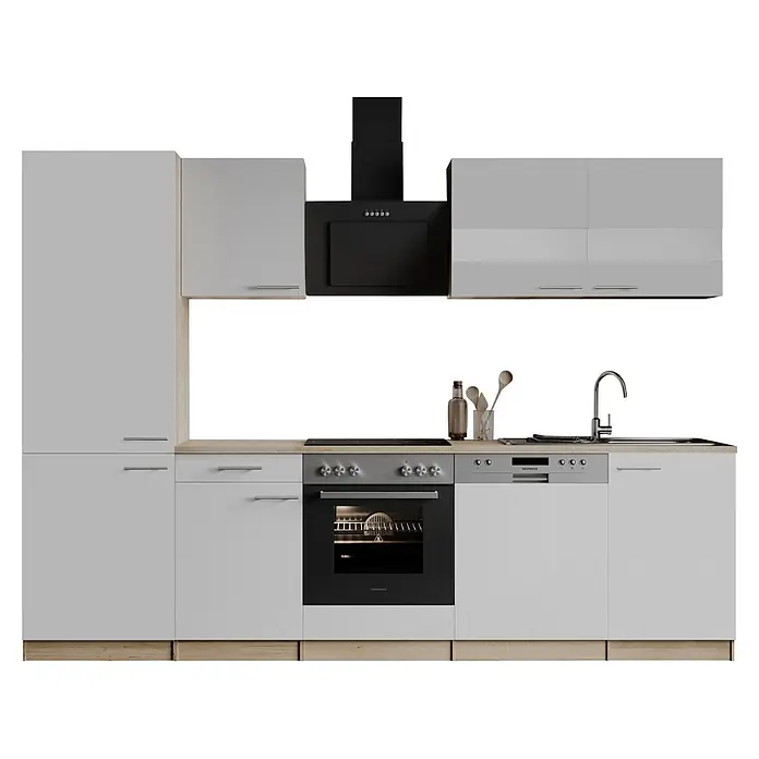 Respekta Küchenzeile Merle - Breite: 280 cm, Weiß, Mit Elektrogeräten - Moderne Küchenzeile mit weißen Schränken, heller Holz-Arbeitsplatte, schwarzer Dunstabzugshaube, Ofen, Geschirrspüler und Spüle.