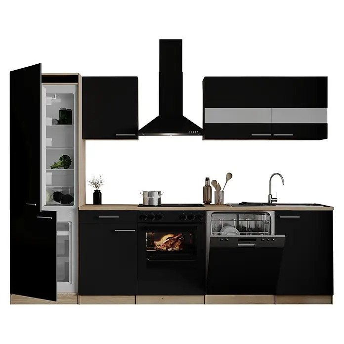 Respekta Küchenzeile Merle - Breite: 280 cm, Schwarz, Mit Elektrogeräten - Schwarze Modulküche mit Holzdetails, geöffnetem Kühlschrank, Backofen mit Braten, Geschirrspüler, Kochfeld, Spüle und Dunstabzugshaube.