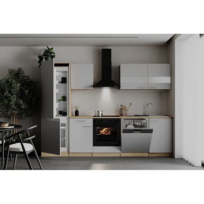 Respekta Winkelküche Merle - B x L: 310 x 172 cm, Weiß, Mit Elektrogeräten - Moderne hellgraue Küche mit Holztheke, schwarzen Geräten (Ofen, Dunstabzug), offenem Geschirrspüler und Kühlschrank. Essbereich dabei.