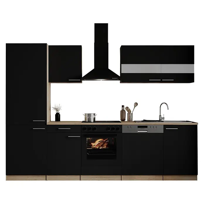 Respekta Küchenzeile Merle - Breite: 280 cm, Schwarz, Mit Elektrogeräten - Moderne schwarze Küchenzeile mit hellen Holzfronten, integriertem Backofen, Kochfeld, Spüle und Geschirrspüler.