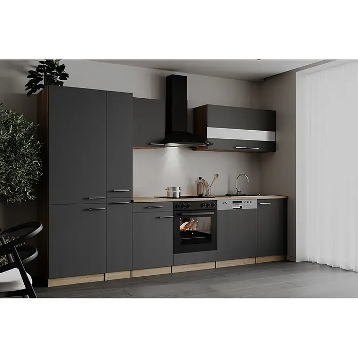 Respekta Küchenzeile Merle - Breite: 310 cm, Grau, Mit Elektrogeräten - Eine moderne dunkelgraue Küchenzeile mit Holztheken, integriertem Backofen, Kochfeld, Geschirrspüler und Spüle in einem zeitgenössischen Zuhause.