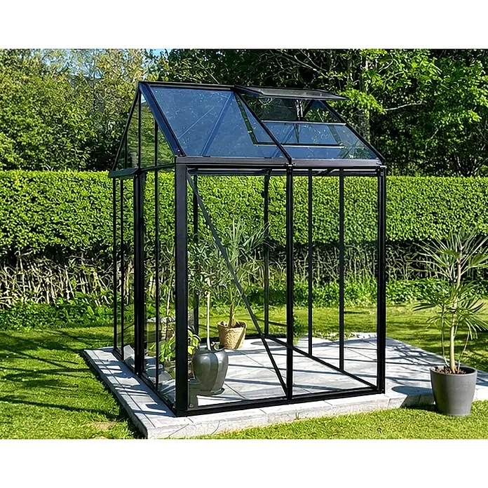 Bloomcabin Gewächshaus Aluminium Klassik - Außenmaß inkl. Dachüberstand (B x T): 309 x 160 cm, Material Seitenwand: Glas, 4 mm, Schwarz - Schwarzes Metall- und Glasgewächshaus mit geöffneter Dachluke auf gepflastertem Fundament, Pflanzen enthaltend.