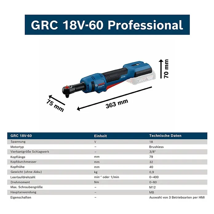 Bosch Professional AMPShare 18V Akku-Ratschenschrauber - 18 V, Ohne Akku, ⅜″ Vierkant - Bosch GRC 18V-60 Professional Akku-Knarre in Blau und Schwarz, mit sichtbaren Abmessungen und technischen Daten.