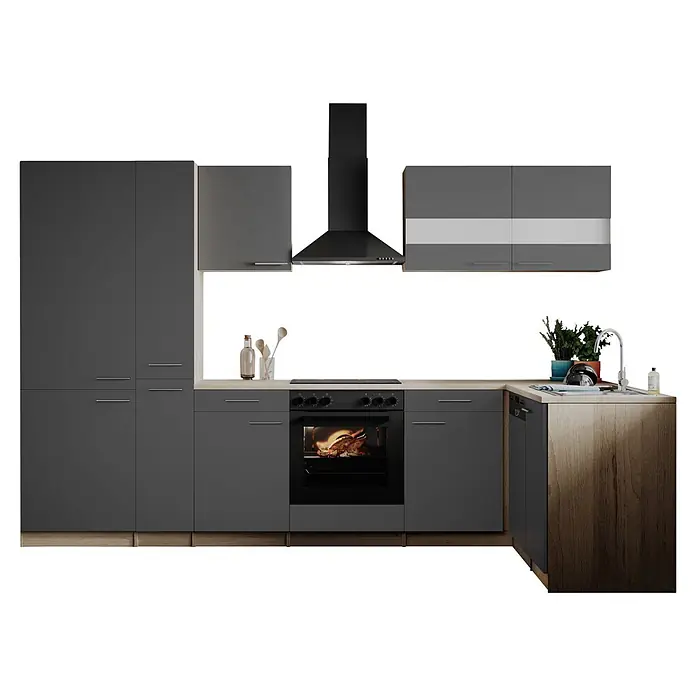 Respekta Winkelküche Merle - B x L: 310 x 172 cm, Grau, Mit Elektrogeräten - Moderne L-förmige Küche mit dunkelgrauen Schränken, hellen Holz-Arbeitsplatten, Ofen, Kochfeld, Dunstabzugshaube, Spüle und Spülmaschine.