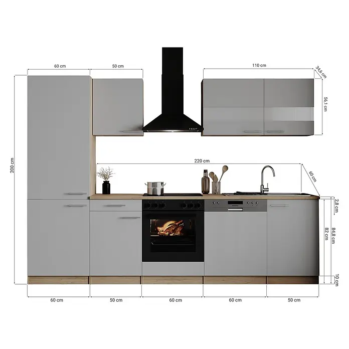 Respekta Küchenzeile Merle - Breite: 280 cm, Schwarz, Mit Elektrogeräten - Moderne hellgraue Küchenzeile mit Holzplatte und integriertem Backofen, Kochfeld, Geschirrspüler, Spüle, Dunstabzugshaube. Mit hohen, Wand- und Unterschränken.