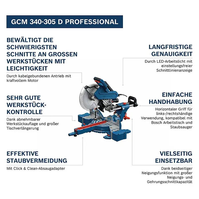 Bosch Professional Kapp- & Gehrungssäge GCM 340-305D - 1.800 W, Durchmesser Sägeblatt: 305 mm, Leerlaufdrehzahl: 4.050 U/min - Eine blau-schwarze Bosch GCM 340-305 D Professional Kappsäge, ein leistungsstarkes Werkzeug für präzise Schnitte an großen Werkstücken.