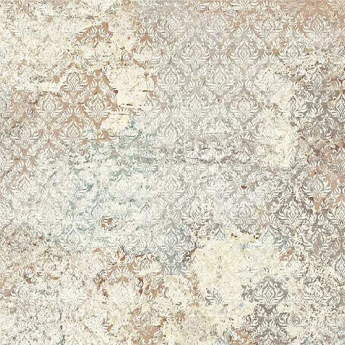 Feinsteinzeugfliese Carpet Natural - 59,2 x 59,2 cm, Sand, Matt - Vintage-Damastmuster mit verwitterten weißen Motiven auf erdigem Braun, Grau und Türkis.