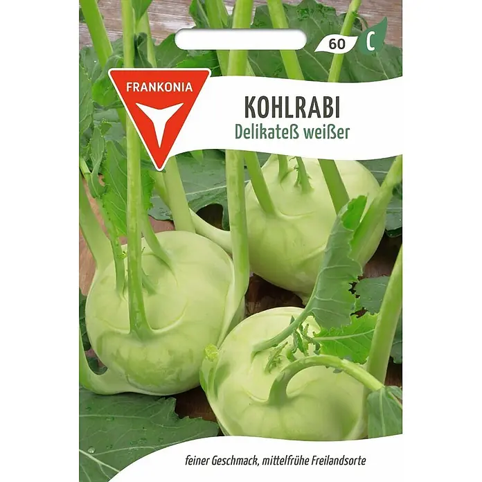 Frankonia Samen Saatgut Kohlrabi, Delikatess weißer - Brassica oleracea, 1,53 g - Mehrere frische, hellgrüne Kohlrabiknollen mit Blättern und Stielen.