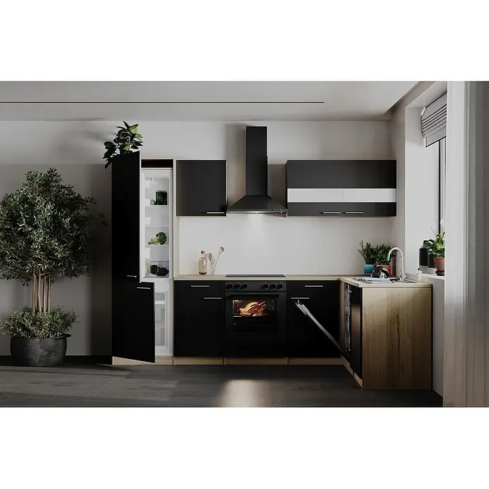 Respekta Winkelküche Merle - B x L: 280 x 172 cm, Schwarz, Mit Elektrogeräten - Moderne Küche in Schwarz und Holz mit Einbaugeräten, Ofen mit Braten, offenem Kühlschrank und teiloffenem Geschirrspüler.