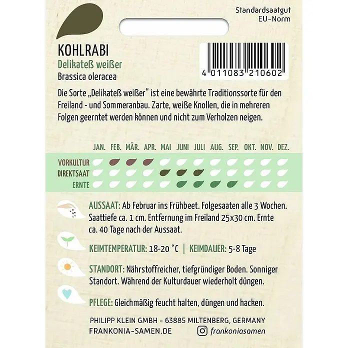 Frankonia Samen Saatgut Kohlrabi, Delikatess weißer - Brassica oleracea, 1,53 g - Kohlrabi 'Delikateß weißer' Samenpackung mit Pflanzanleitung.