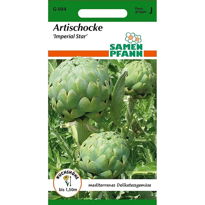 Samen Pfann Saatgut Artischocke, Imperial Star - Cynara scolymus, 1,6 g - Samen Pfann Saatgut für Artischocke 'Imperial Star', mit Bild von grünen Artischocken und Pflanzeninfos.