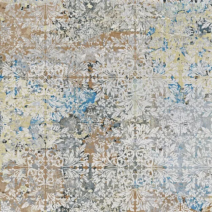 Feinsteinzeugfliese Carpet Natural - 59,2 x 59,2 cm, Vestige, Matt - Abgenutztes ornamentales Damastmuster in Weiß, Blau, Gelb, Braun und Grau mit verwitterter Textur.