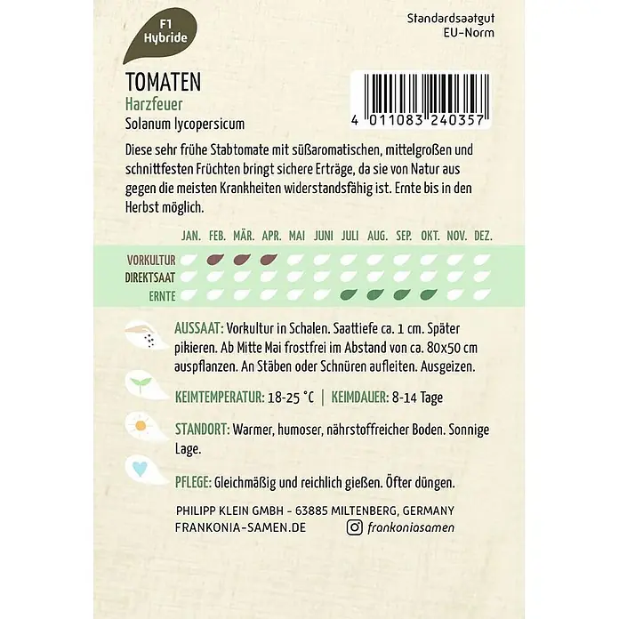 Frankonia Samen Saatgut Stabtomate, Harzfeuer F1 - Solanum lycopersicum - Samenpäckchen für 'Harzfeuer' F1-Hybridtomaten, mit Produktname, Barcode und Anbauinformationen.