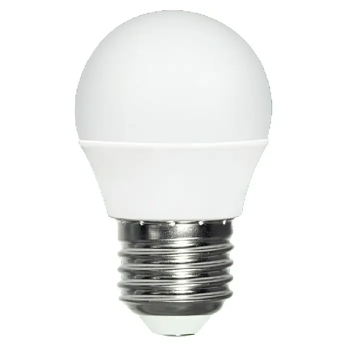 Garza Set de bombillas LED - E27, No regulable, Blanco frío, 470 lm, 6 W, 3 ud. - Primer plano de una lámpara LED con vidrio esmerilado y base E27 sobre un fondo negro.