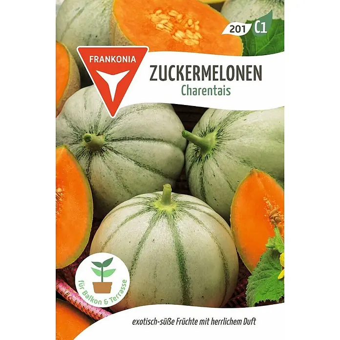 Frankonia Samen Saatgut Zuckermelone, Charentais - Cucumis meo, 1,47 g - Charentais Zuckermelonen mit heller grüner Schale und orangem Fruchtfleisch, teils angeschnitten mit Kernen.