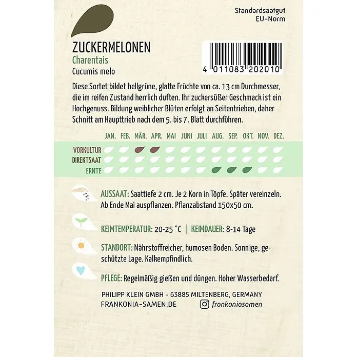 Frankonia Samen Saatgut Zuckermelone, Charentais - Cucumis meo, 1,47 g - Samentüte für Charentais-Melonen, mit dunkelgrüner Samenabbildung, Produktnamen und detaillierten Pflanzanweisungen.