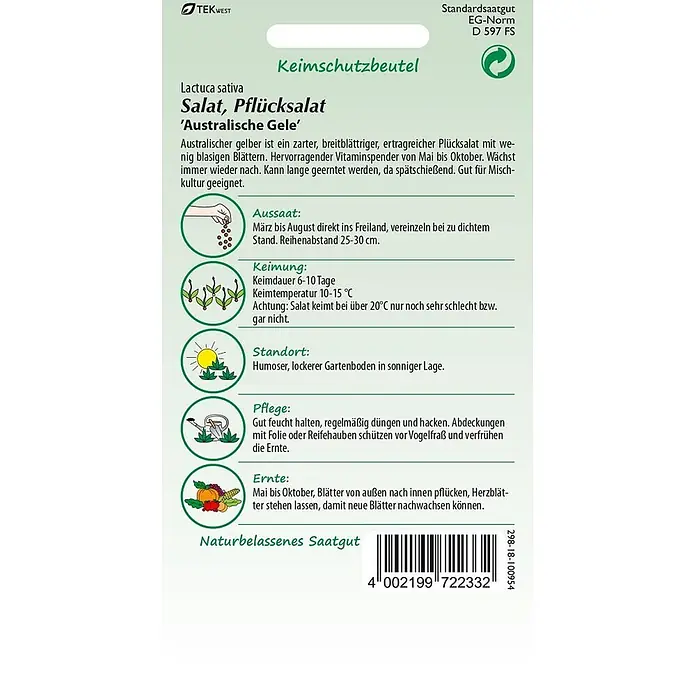 Samen Pfann Saatgut Pflücksalat, Australischer gelber - Lactuca sativa - Saatguttüte für 'Salat, Pflücksalat Australische Gele' (Pflücksalat), mit Pflanzanleitung und Barcode.