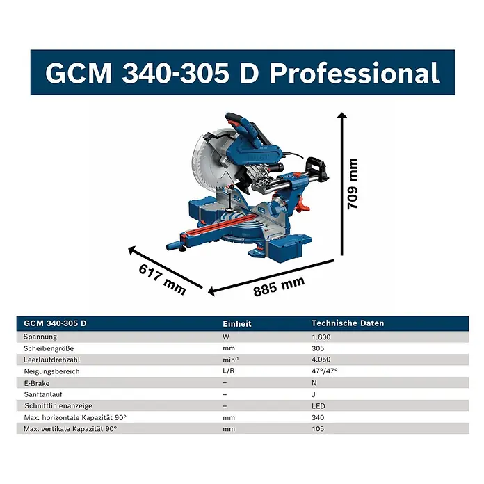 Bosch Professional Kapp- & Gehrungssäge GCM 340-305D - 1.800 W, Durchmesser Sägeblatt: 305 mm, Leerlaufdrehzahl: 4.050 U/min - Blau-schwarze Bosch GCM 340-305 D Professional Kapp- und Gehrungssäge mit Maßen.