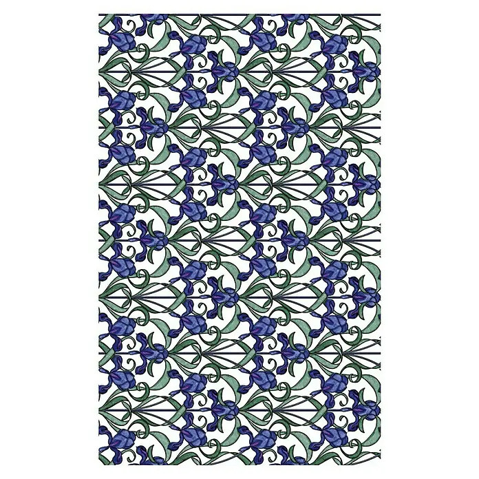 D-c-fix Lámina adhesiva translúcida - An x Al: 45 x 200 cm, Estampado azul - Elegante patrón con flores de iris estilizadas y volutas verdes, ideal para textiles o elementos decorativos.