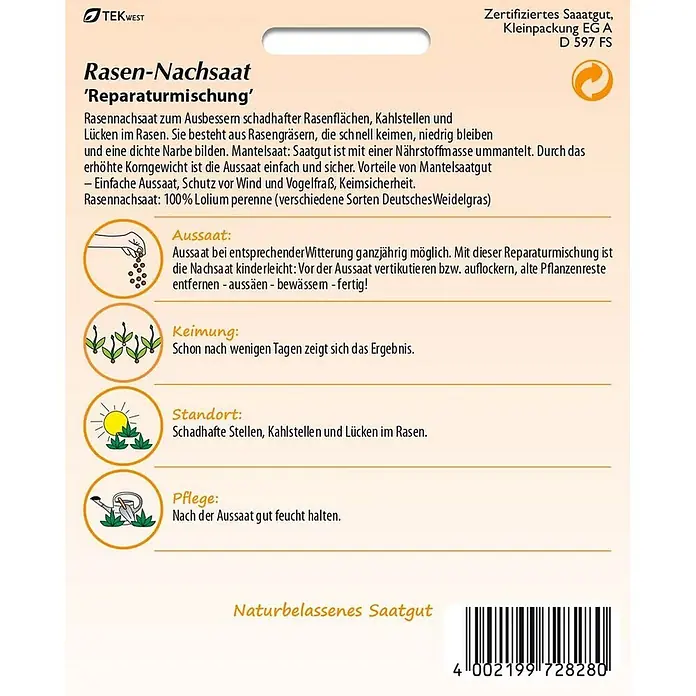 Samen Pfann Saatgut Rasen-Nachsaat - 6,7 g - Informationsblatt für Rasensamen 'Reparaturmischung' mit Text und Piktogrammen zur Aussaat und Pflege.