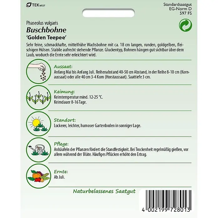 Samen Pfann Saatgut Buschbohne, Golden Teepee - Phaseolus vulgaris, 6,2 g - Samenpäckchen für Buschbohne 'Golden Teepee' mit Anbauanleitung und Barcode.