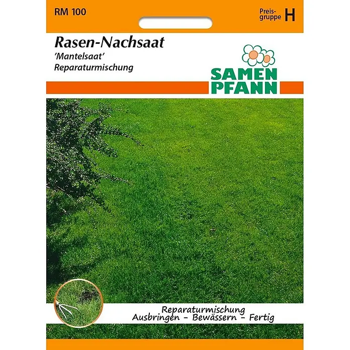 Samen Pfann Saatgut Rasen-Nachsaat - 6,7 g - Orange-grüne Samen Pfann Verpackung für Rasen-Reparatur-Nachsaat, zeigt einen grünen Rasen.
