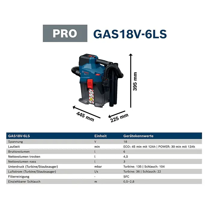 Bosch Professional AMPShare 18V Akku-Staubsauger GAS 18V-6 LS - 18 V, Behältervolumen: 4,5 l - Blauer und schwarzer Bosch GAS18V-6LS Akku-Staubsauger mit Maßen und technischen Daten.