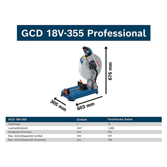 Bosch Professional AMPShare 18V Akku-Metalltrennsäge GCD 18V-355 - 18 V, Ohne Akku, 1.300 U/min - Blau-silberne Bosch GCD 18V-355 Professional Metallkappsäge mit Maßen 603x305x676mm.