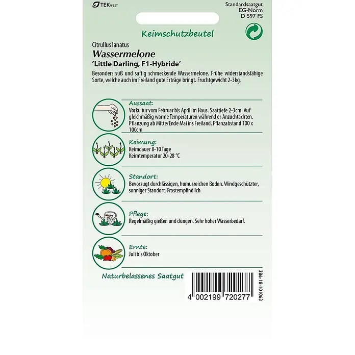 Samen Pfann Saatgut Wassermelone, Little Darling F1 - Citrullus lanatus, 1,6 g - Wassermelone 'Little Darling' F1-Hybrid Saatgutpackung mit Anbauanleitung und Barcode.